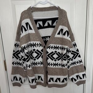 Geometric Pattern Cardigan Sweater - Brown and Black